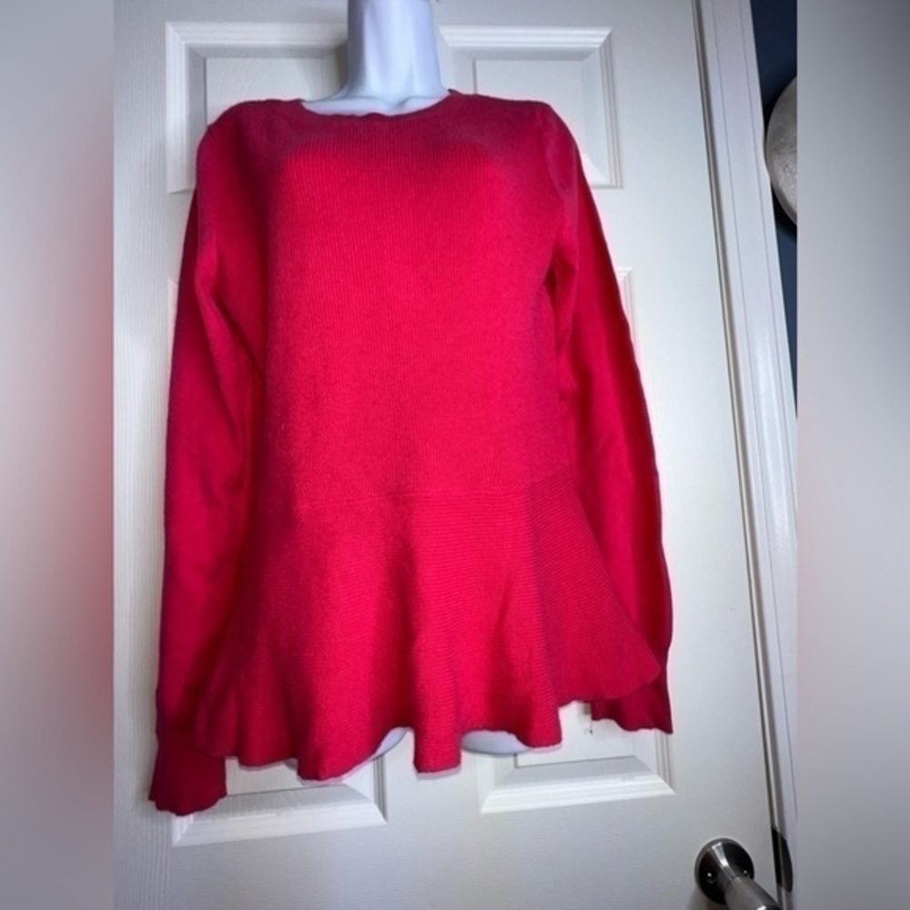 Halogen Women’s Medium Hot Pink Peplum Sweater Top Rib Knit M Cotton Crewneck - Picture 2 of 13